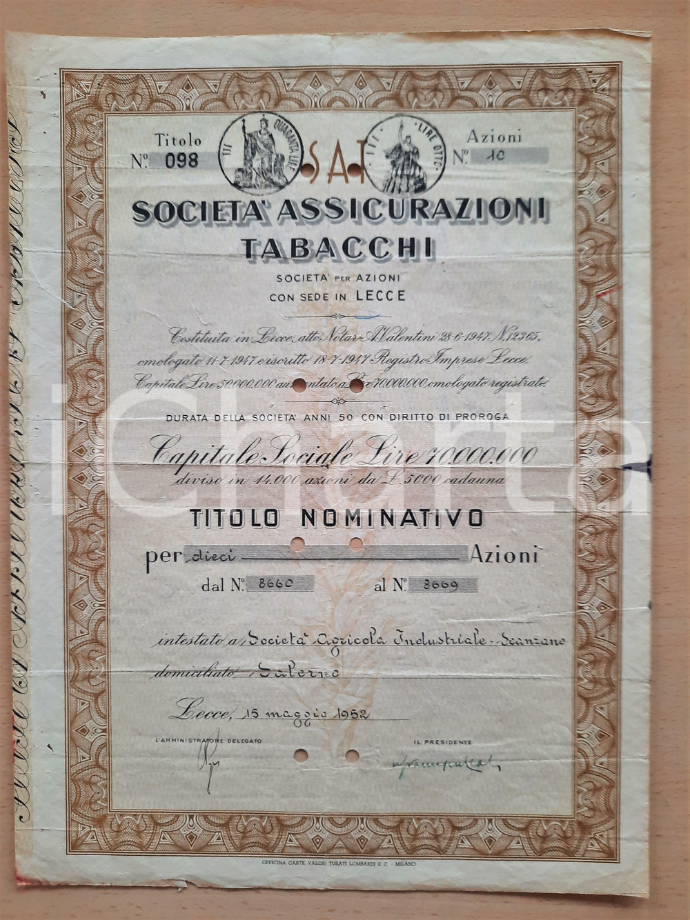 Oggetto da collezione cartaceo 1952 LECCE Società  Assicurazioni Tabacchi  Certificato azionario 5 1
