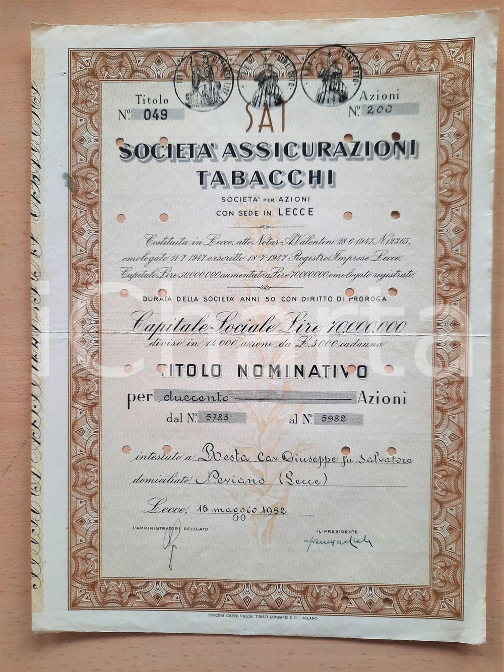 Oggetto da collezione cartaceo 1952 LECCE SocietÃ  Assicurazioni Tabacchi  Certificato azionario 7 1