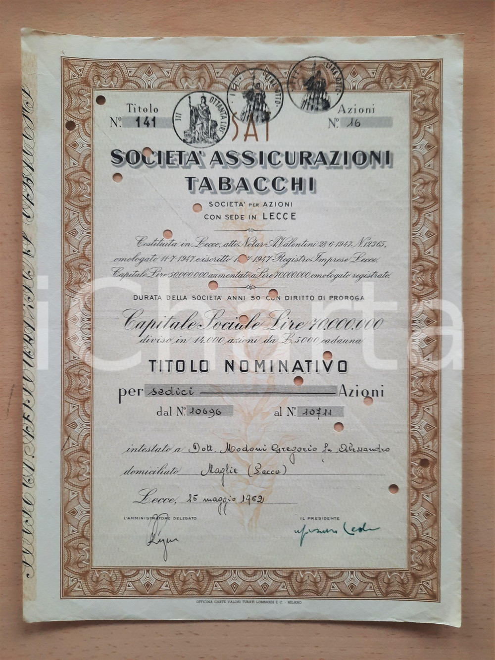 Oggetto da collezione cartaceo 1952 LECCE Società Assicurazioni Tabacchi  Certificato azionario 8 1