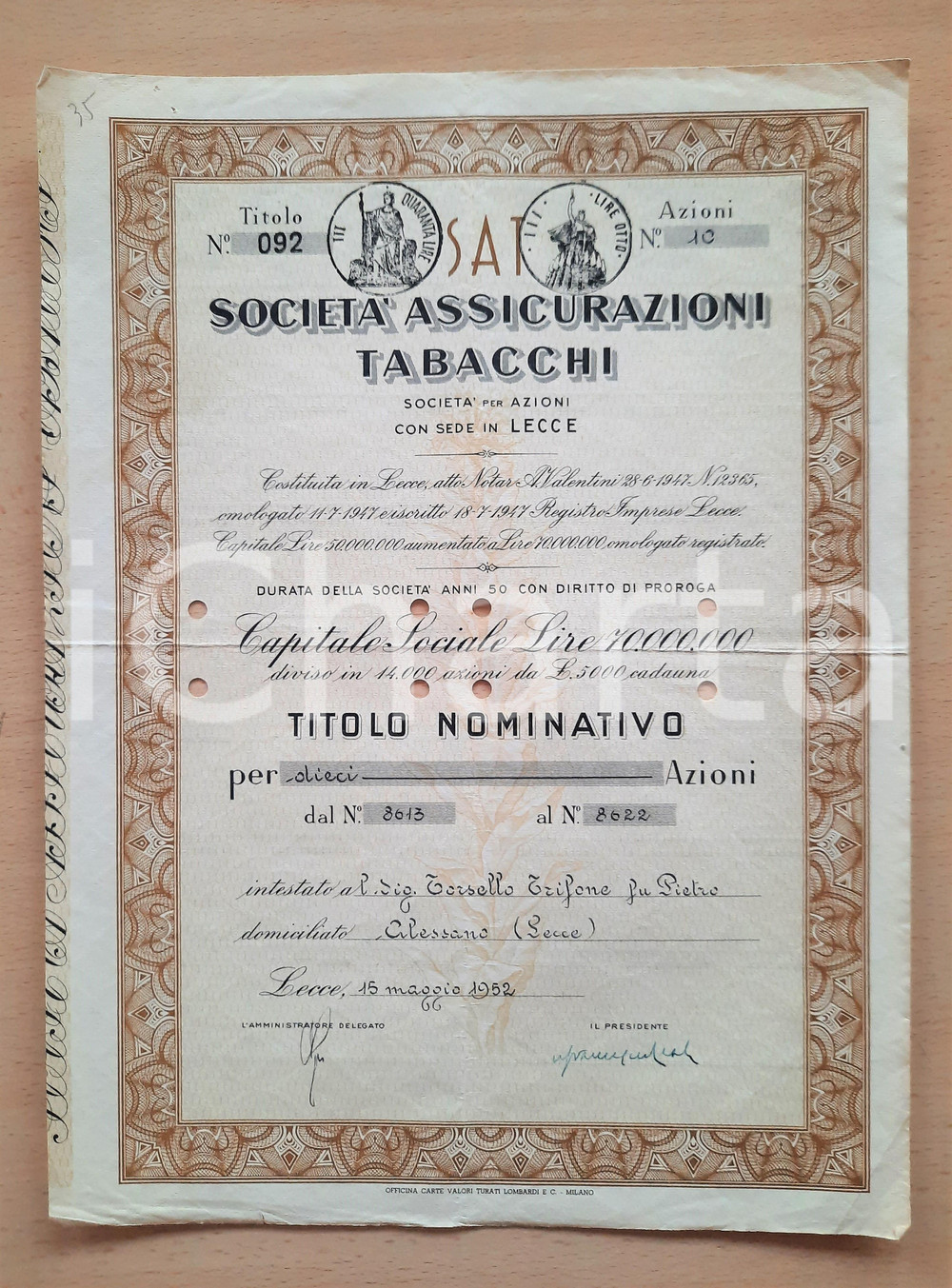 Oggetto da collezione cartaceo 1952 LECCE Società  Assicurazioni Tabacchi  Certificato azionario 9 1