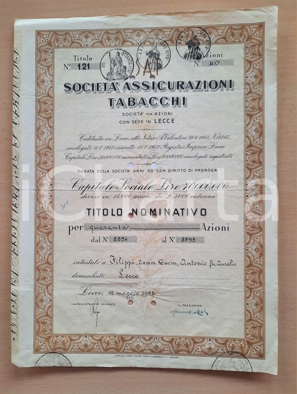 Oggetto da collezione cartaceo 1952 LECCE Società Assicurazioni Tabacchi  Certificato azionario 10 1