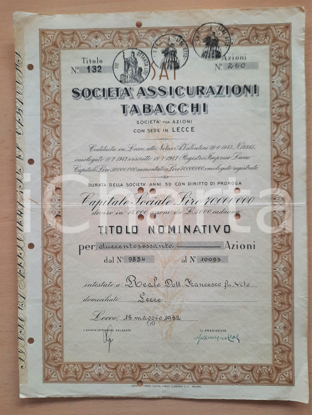 Oggetto da collezione cartaceo 1952 LECCE Società  Assicurazioni Tabacchi  Certificato azionario 11 1