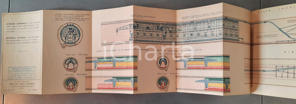 Mappa, planimetria storica 1952 MILANO Carlo GRANDORI  Schema attrezzatura per getto rivestimenti galleria 1