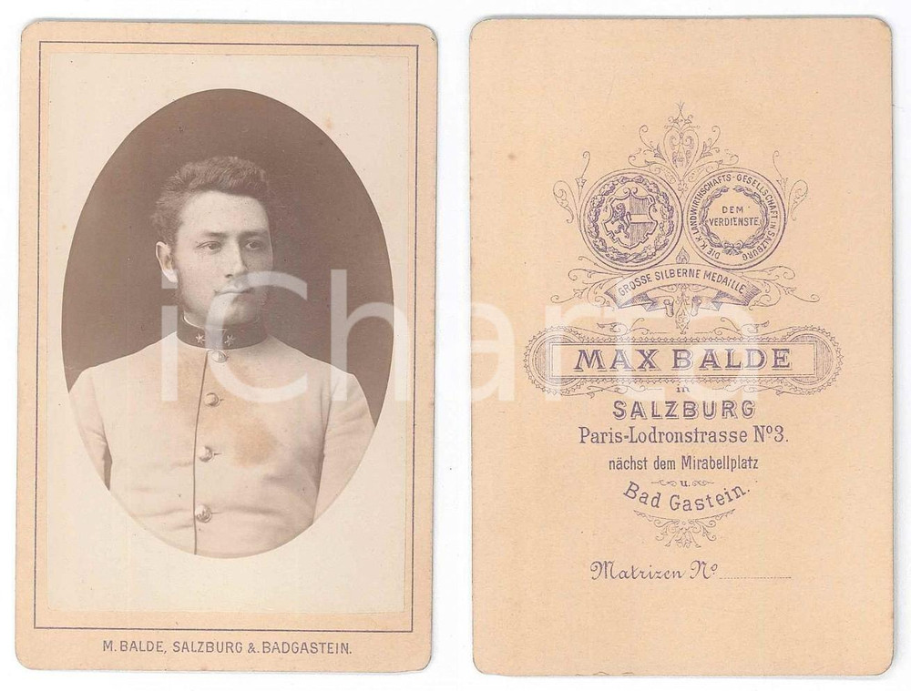 Fotografia d epoca originale 1880 ca SALZBURG AUSTRIA Young officer  Photo Max BALDE CDV 1