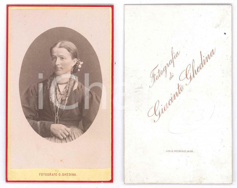 Fotografia d epoca originale 1880 ca CORTINA D AMPEZZO Donna in abito tradizionale Foto Giacinto GHEDINA 1