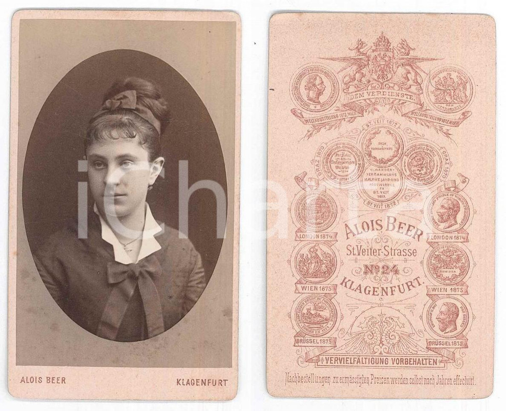 Fotografia d epoca originale 1880 ca KLAGENFURT AUSTRIA Giovane donna con nastri Foto Alois BEER CDV 1