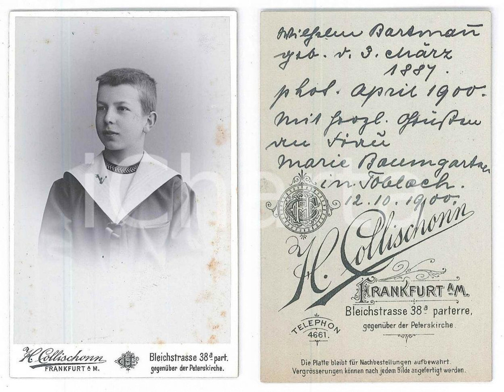 Fotografia d epoca originale 1900 FRANKFURT AM MAIN Ritratto di bambino Foto H. COLLISCHONN 1