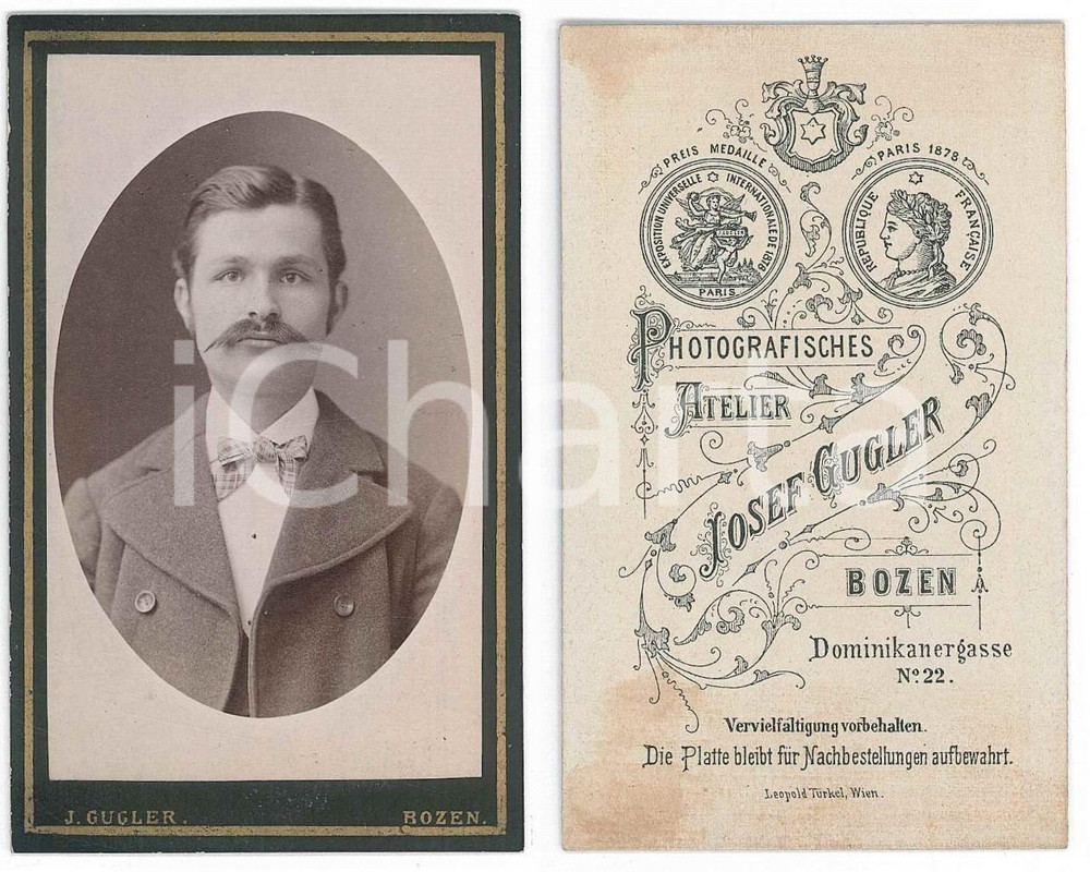 Fotografia d epoca originale 1880 ca BOLZANO Ritratto di UN giovane uomo Foto Josef GUGLER CDV 1