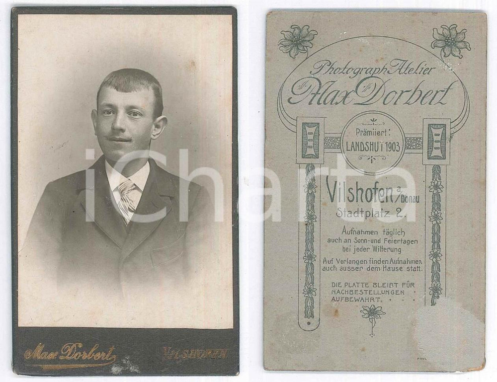 Fotografia d epoca originale 1905 ca VILSHOFEN AN DER DONAU Ritratto di un giovane  Foto Max DORBERT CDV 1