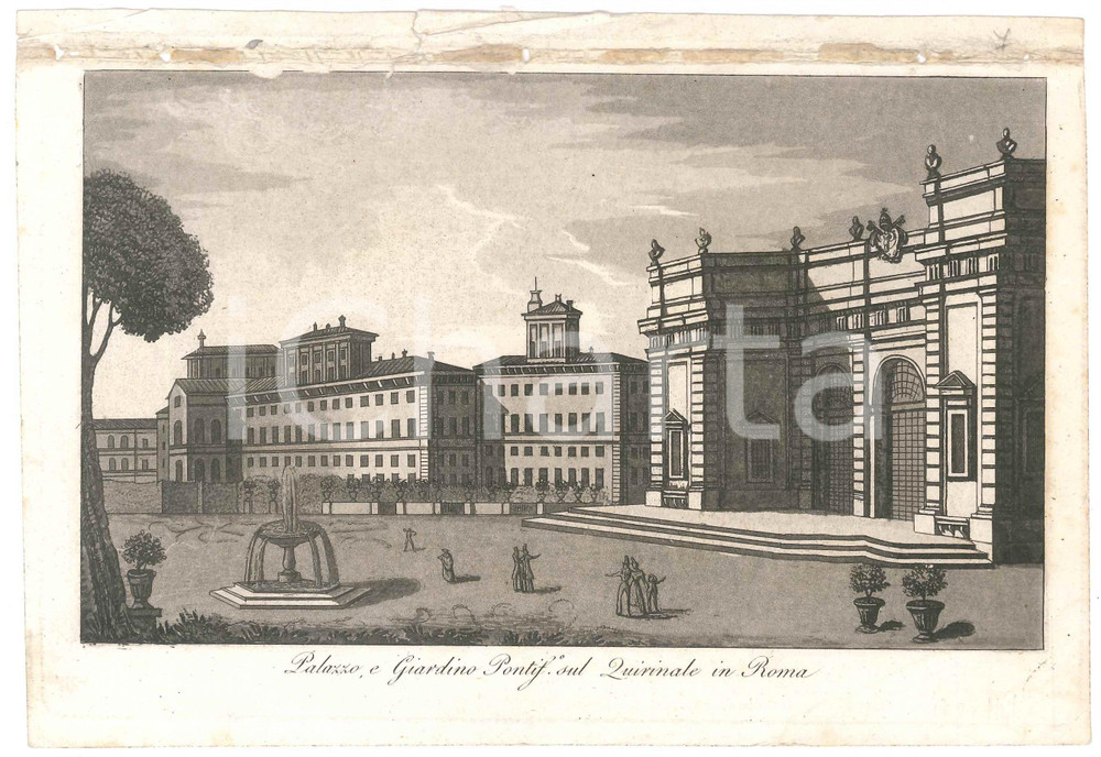 Stampa, bozzetto originale 1835 ca F. GANDINI Palazzo, e Giardino Pontificio sul Quirinale in Roma Stampa 1