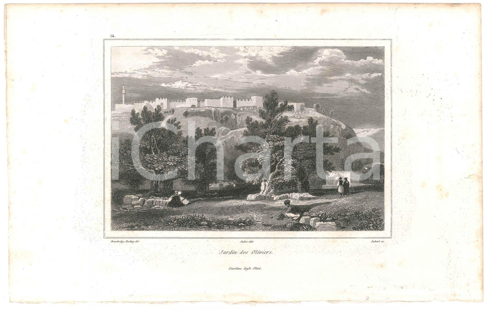 Stampa, bozzetto originale 1840 ca TERRA SANTA  AUBERT Jardins des Oliviers Stampa 26x16 cm 1