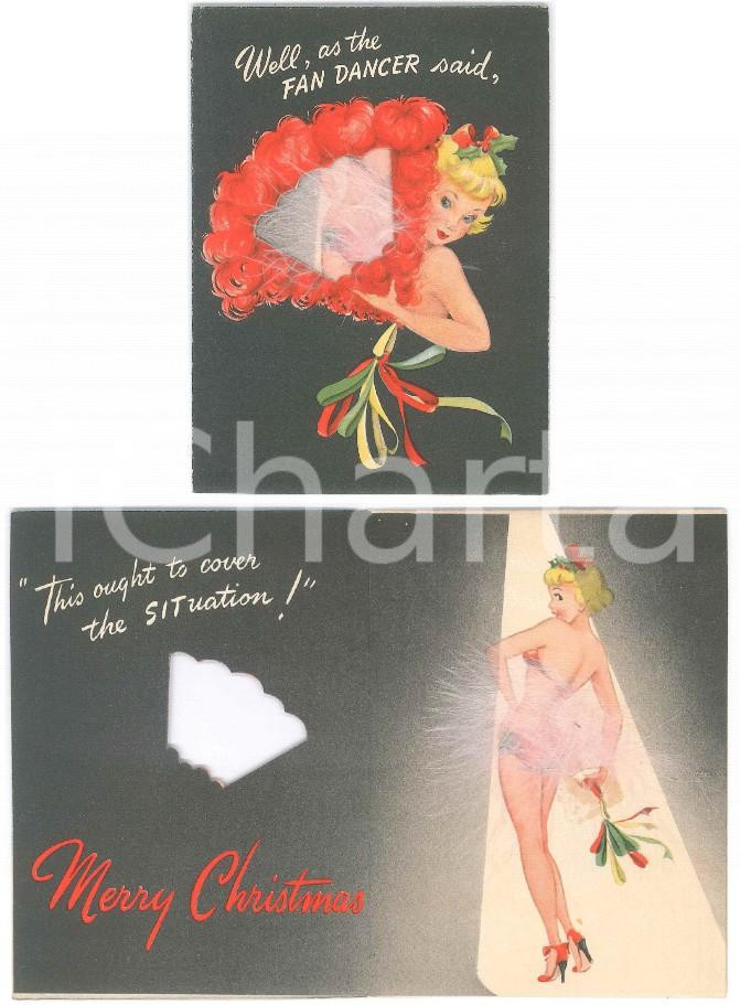 Oggetto da collezione cartaceo 1950 ca VINTAGE EROTIC Christmas card  Nude woman  Fan dancer REAL FEATHERS 1