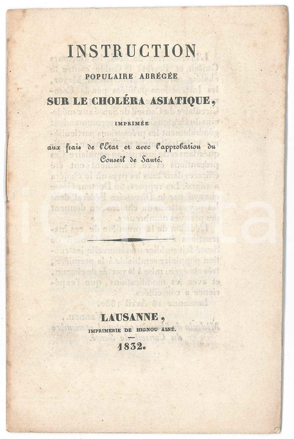 Libro, pubblicazione d epoca 1832 SUISSE LAUSANNE Instruction populaire abrÃ©gÃ©e sur le cholÃ©ra asiatique 1