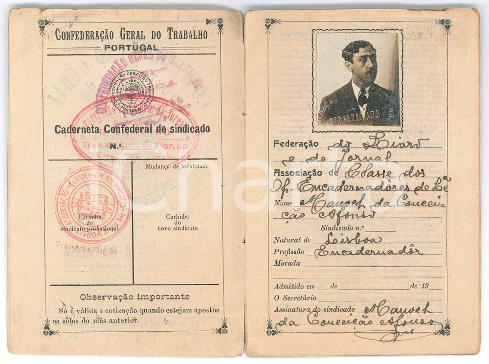 Documento originale, autentico 192022 LISBOA PORTUGAL Caderneta Manoel da ConceiÃ§Ã£o  Encadernador 1