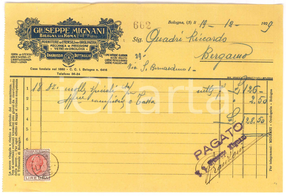 Documento originale, autentico 1929 BOLOGNA Via Roma 2  Giuseppe MIGNANI Forniture orologeria Fattura 1