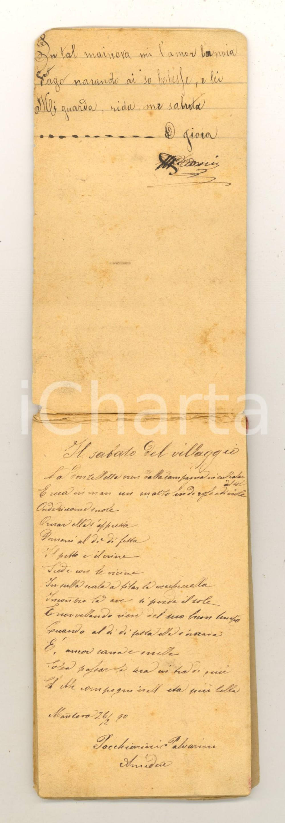 Manoscritto, lettera originale 1890 MANTOVA Amedea PACCHIARINI PALVARINI Appunti e poesie Taccuino manoscritto 1