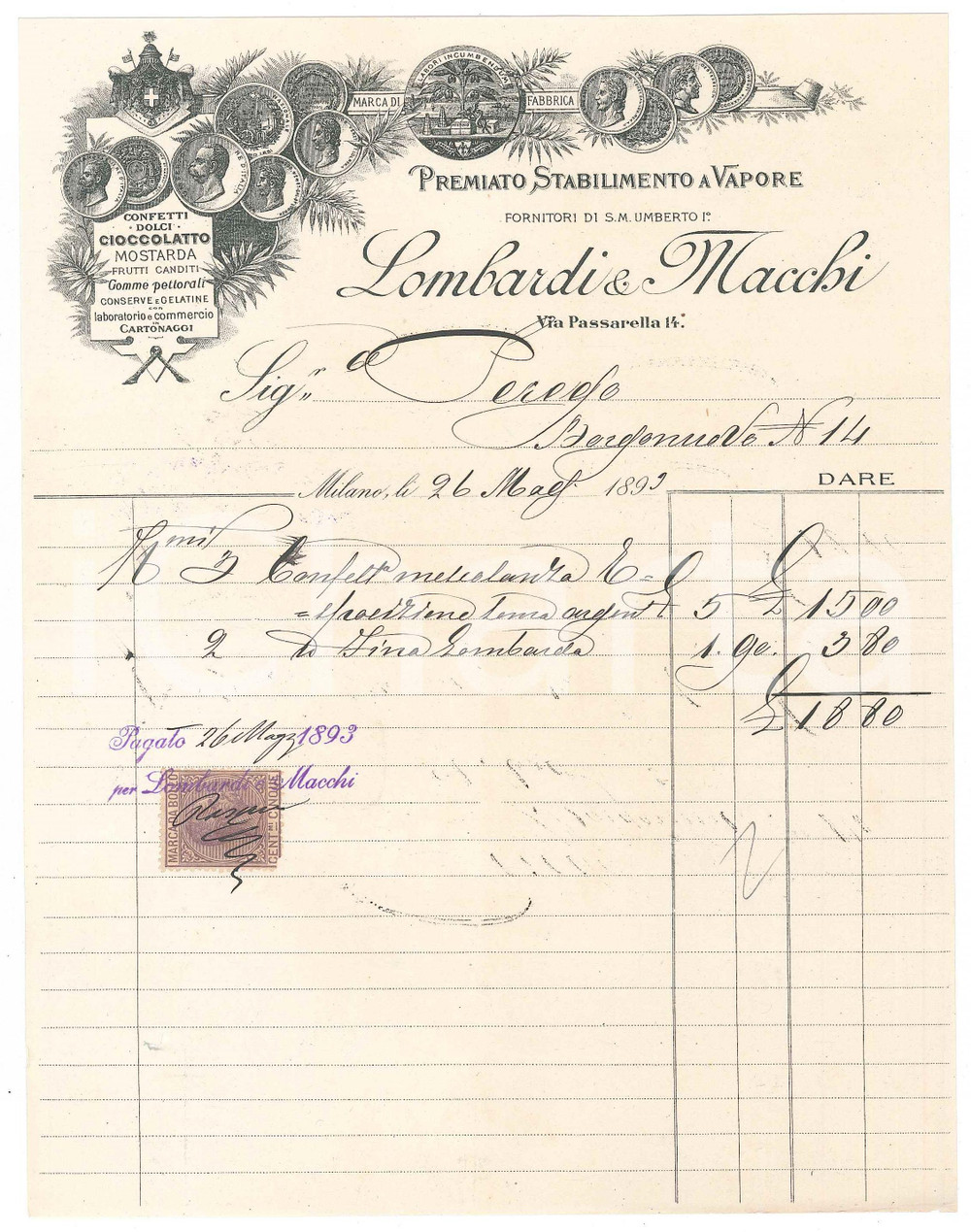 Documento originale, autentico 1893 MILANO Via Passarella 14  LOMBARDI & MACCHI dolci Fattura 1