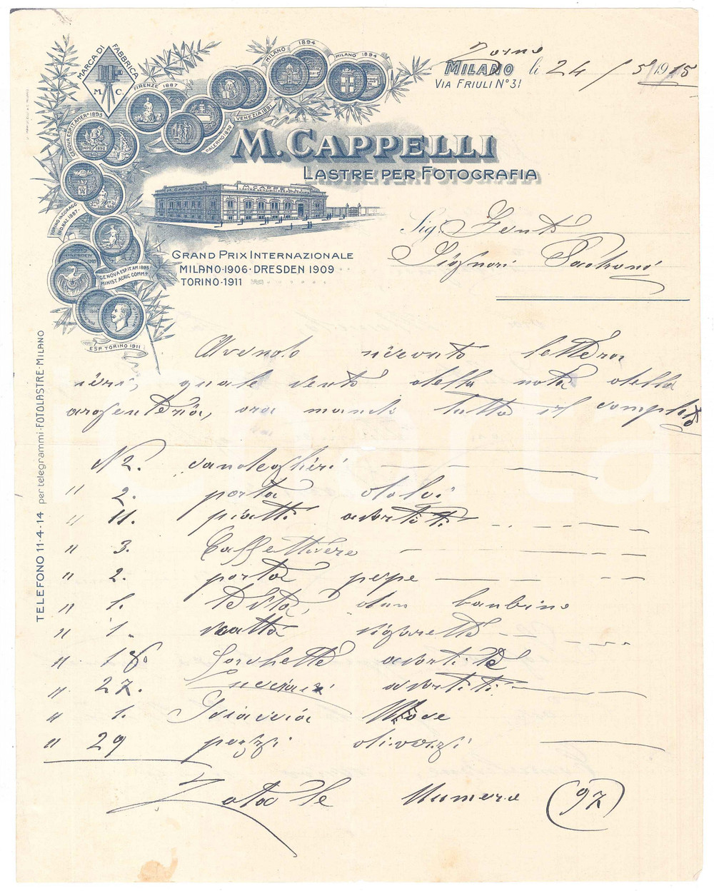 Documento originale, autentico 1915 MILANO Via Friuli 31  M. CAPPELLI Lastre per fotografia Conto manoscritto 1