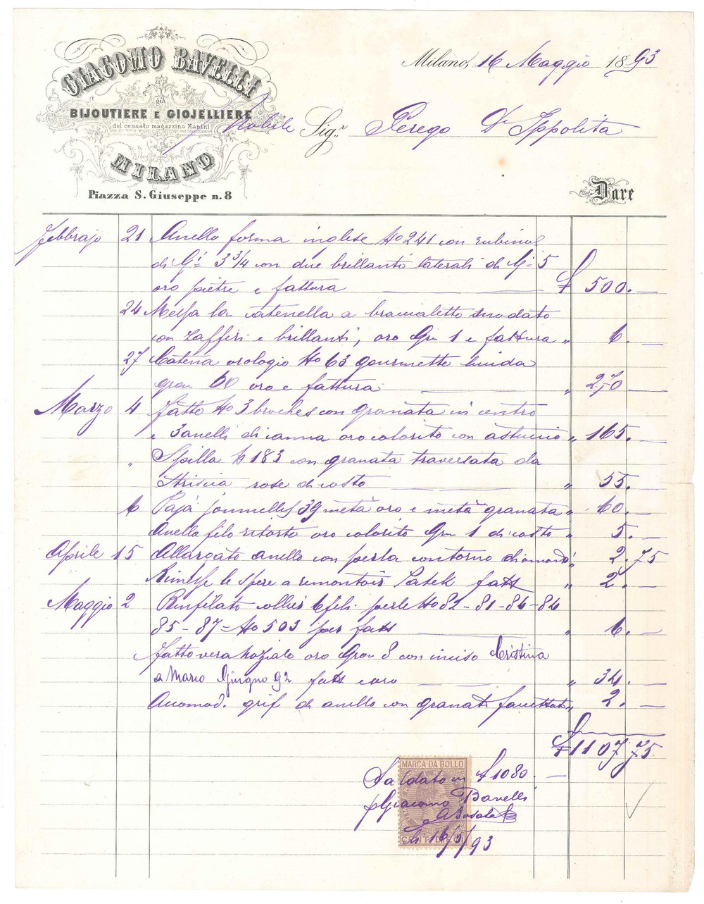 Documento originale, autentico 1893 MILANO Piazza S. Giuseppe  Giacomo BAVELLI bijoutiere giojelliere Fattura 1