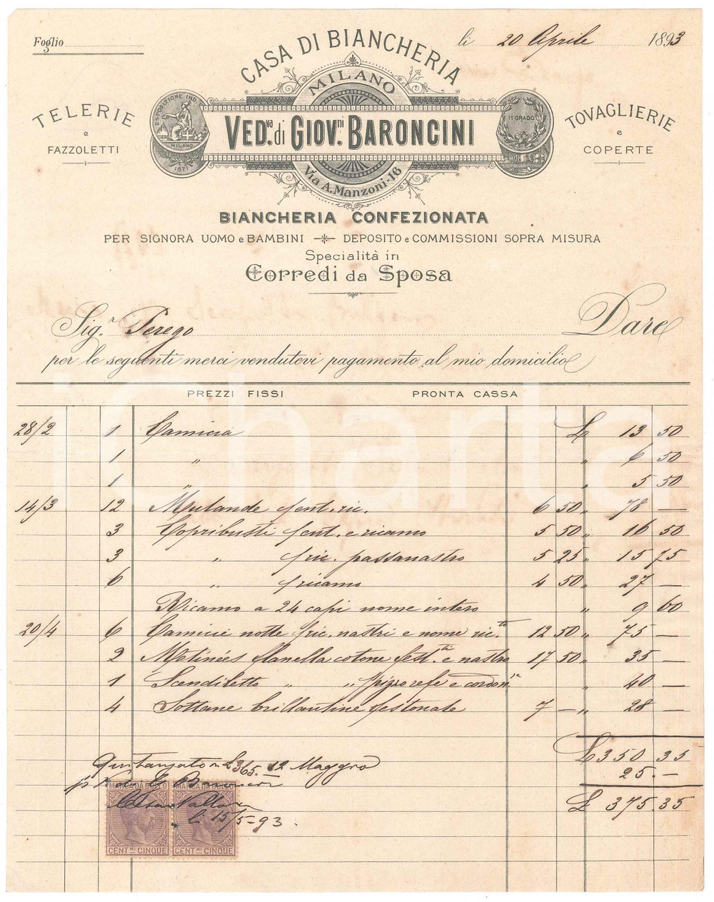 Documento originale, autentico 1893 MILANO Via Manzoni 16  Vedova di Giovanni BARONCINI Biancheria Fattura 1