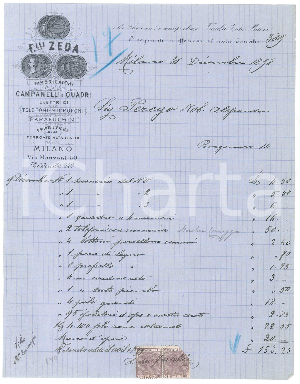 Documento originale, autentico 1898 MILANO Via Manzoni 50  F.lli ZEDA campanelli e telefoni Fattura 1