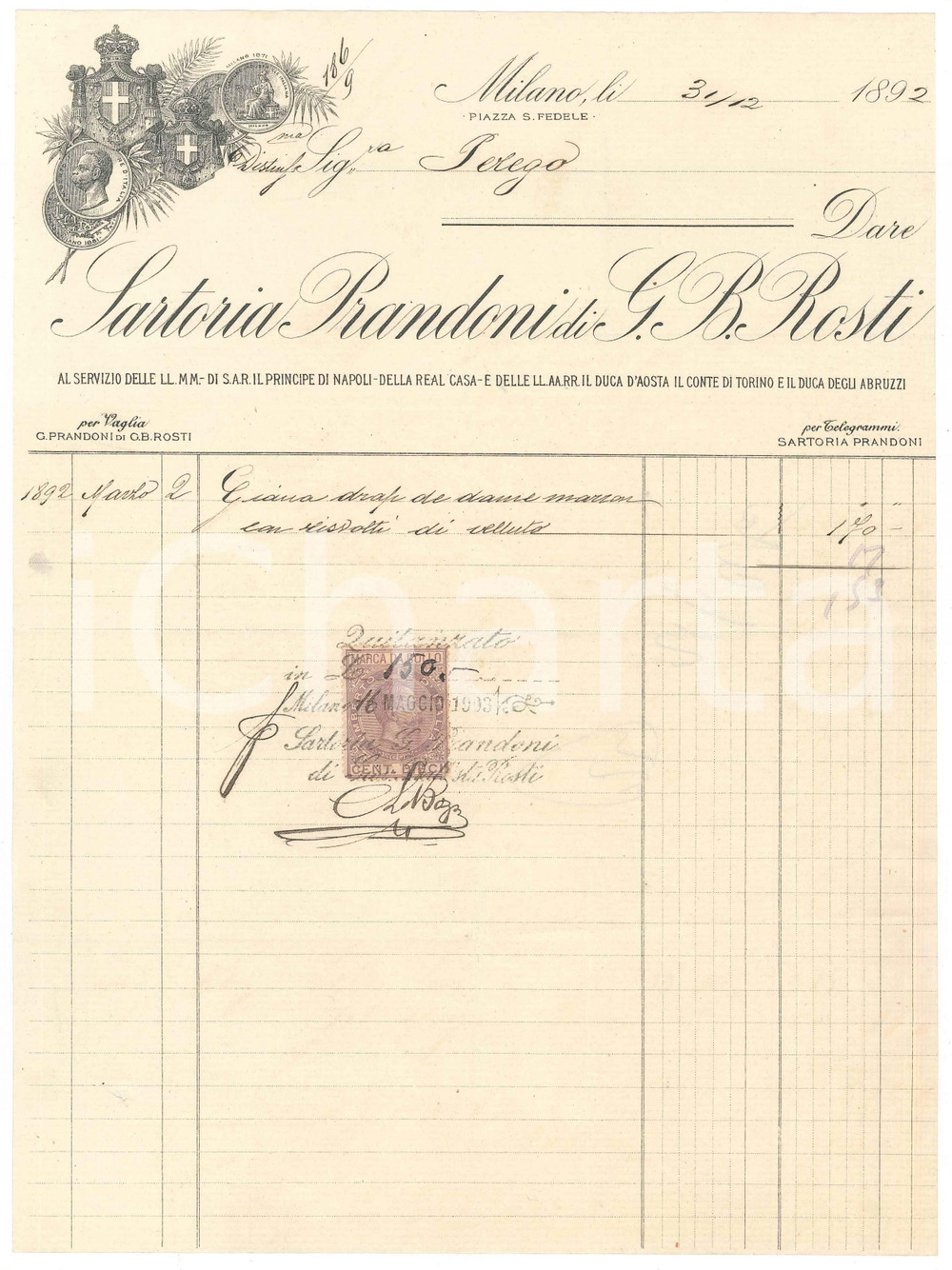 Documento originale, autentico 1892 MILANO Piazza S. Fedele  Sartoria PRANDONI G. B. ROSTI Fattura 1