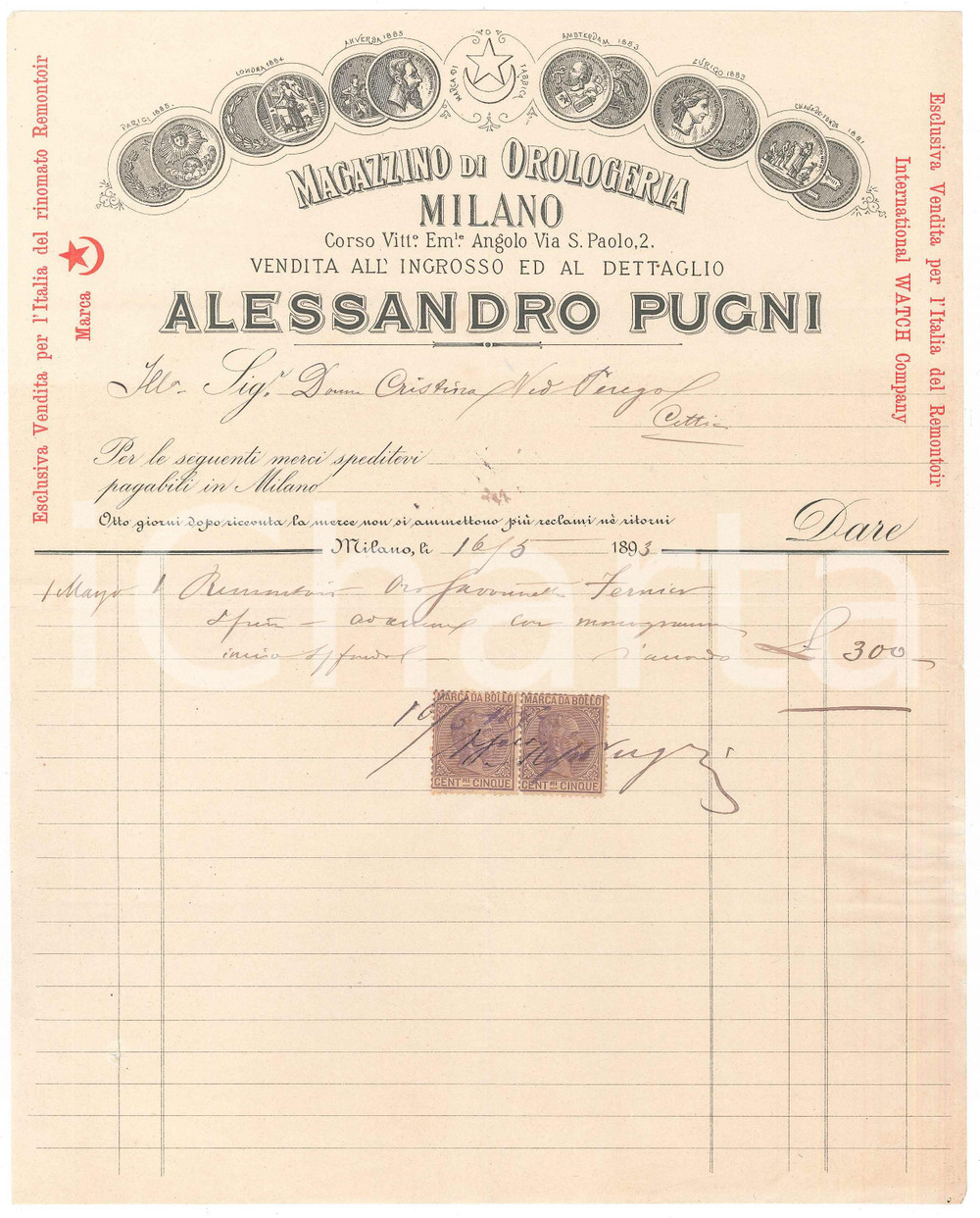 Documento originale, autentico 1893 MILANO Corso Vittorio Emanuele  Alessandro PUGNI orologeria Fattura 1