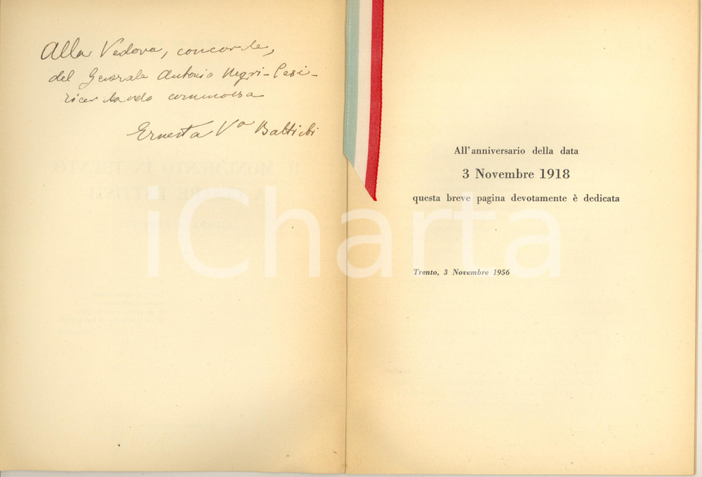 Libro, pubblicazione d epoca 1956 Ernesta BATTISTI Il monumento in Trento a Cesare BATTISTI Invio AUTOGRAFO 1
