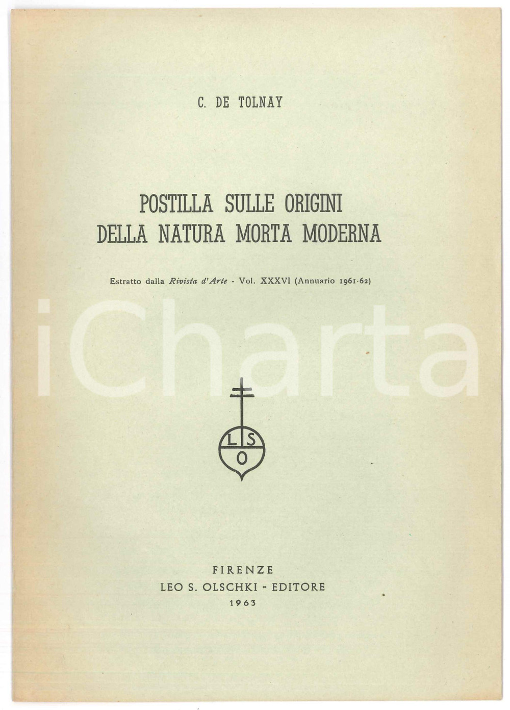 Libro, pubblicazione d epoca 1963 Charles DE TOLNAY Postilla sulle origini della natura morta moderna 1