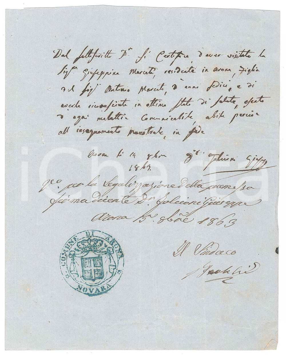 Documento originale, autentico 1863 ARONA NO Fede di buona salute per docente Giuseppina MARCATI 1