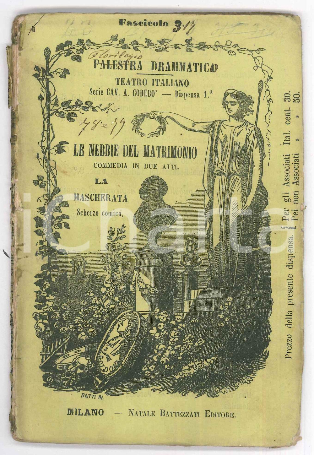 Libro, pubblicazione d epoca 1858 TEATRO Andrea CODEBO  Le nebbie del matrimonio  La mascherata 79 pp. 1