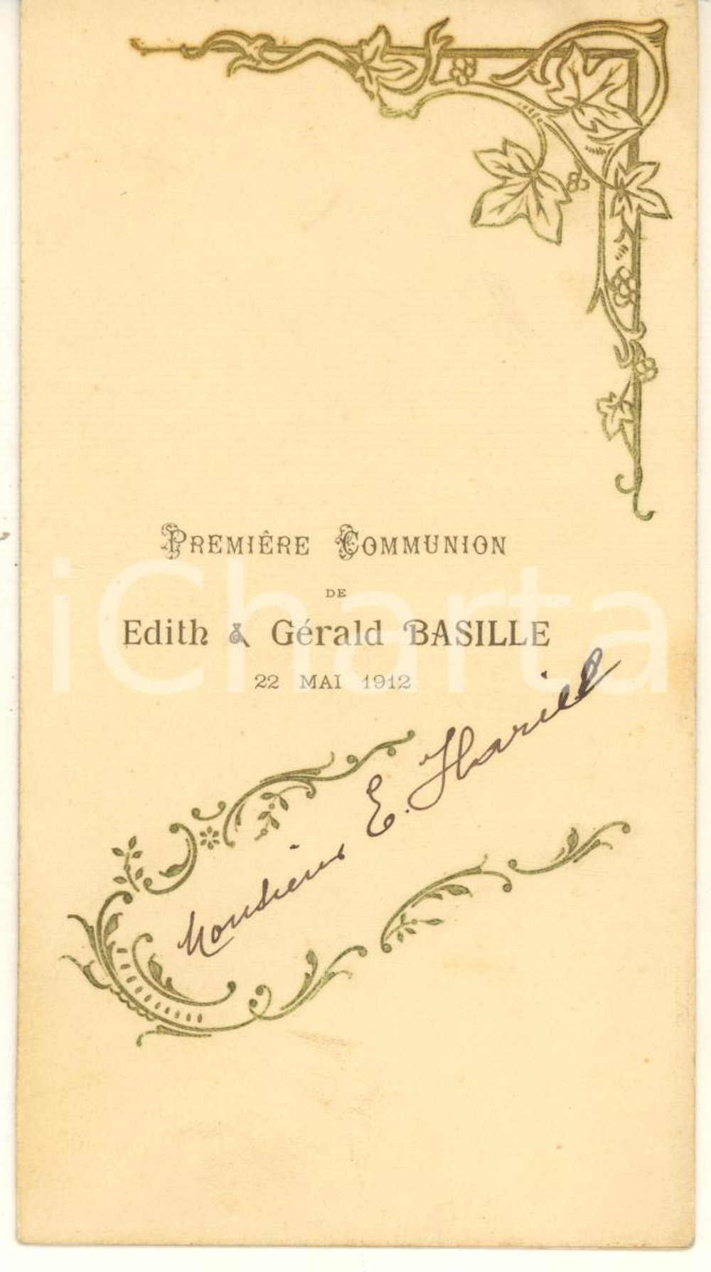 Oggetto da collezione cartaceo 1912 FRANCE  Menu diner PremiÃ¨re Communion Edith et GÃ©rald BASILLE  EMBOSSED 1