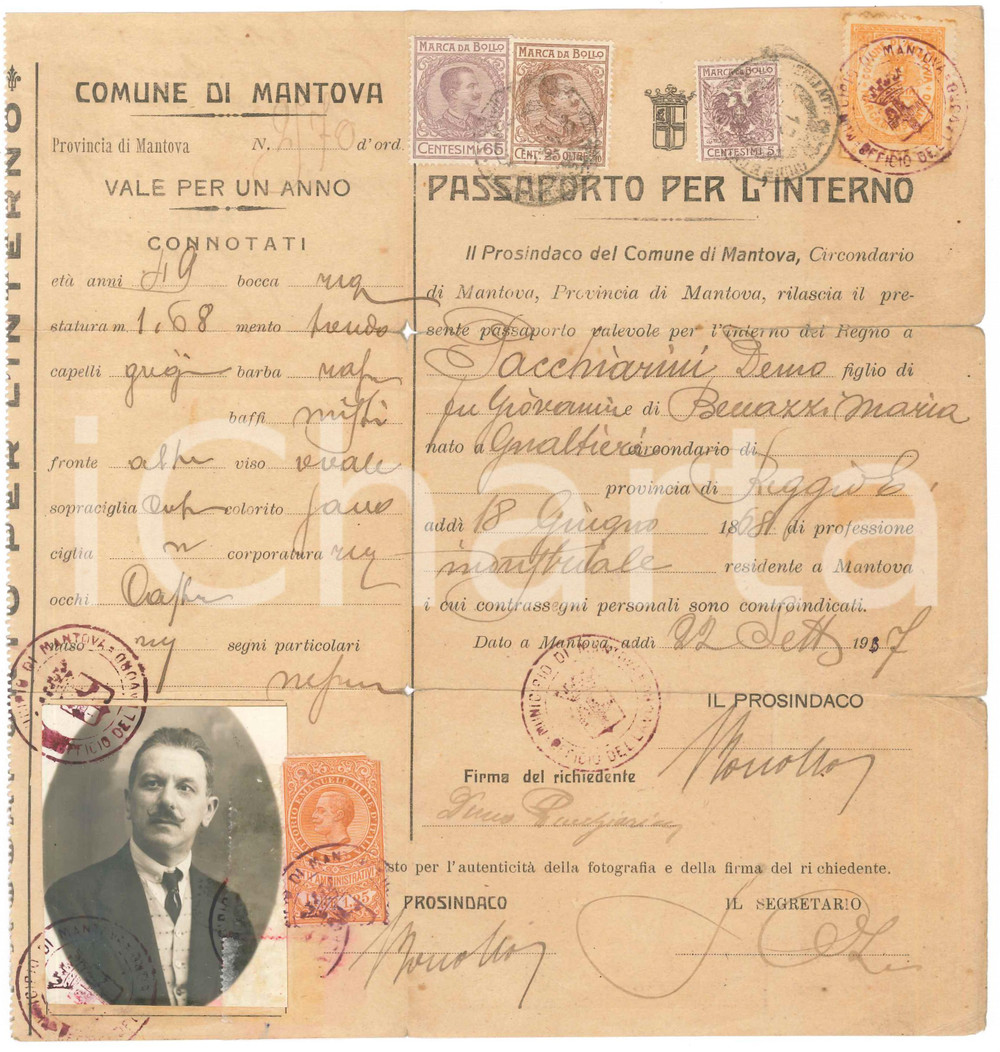 Documento originale, autentico 1937 MANTOVA Passaporto per l interno di Demo PACCHIARINI industriale 1