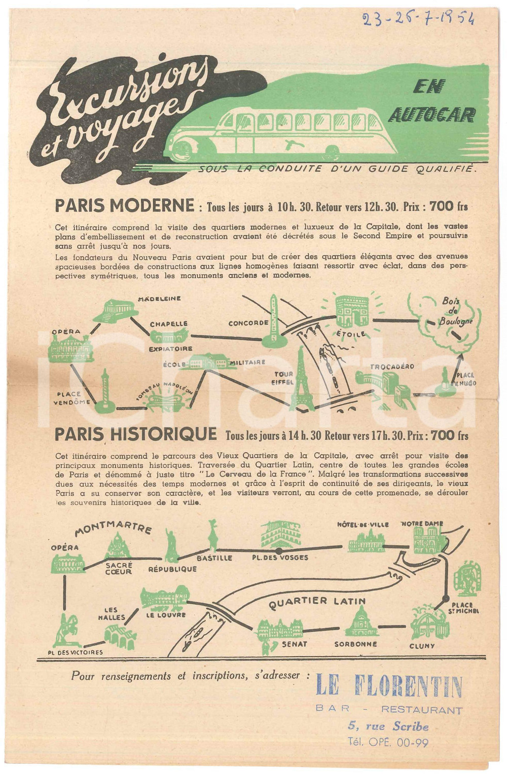 Materiale pubblicitario d’epoca 1954 PARIS FRANCE Excursions et voyages en autocar  Brochure 1