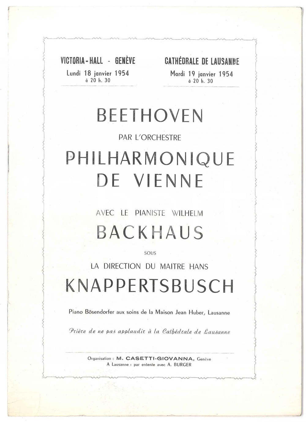 Materiale pubblicitario d’epoca 1954 GENEVE/LAUSANNE Beethoven par l Orchestre Philarmonique de VIENNE Programme 1