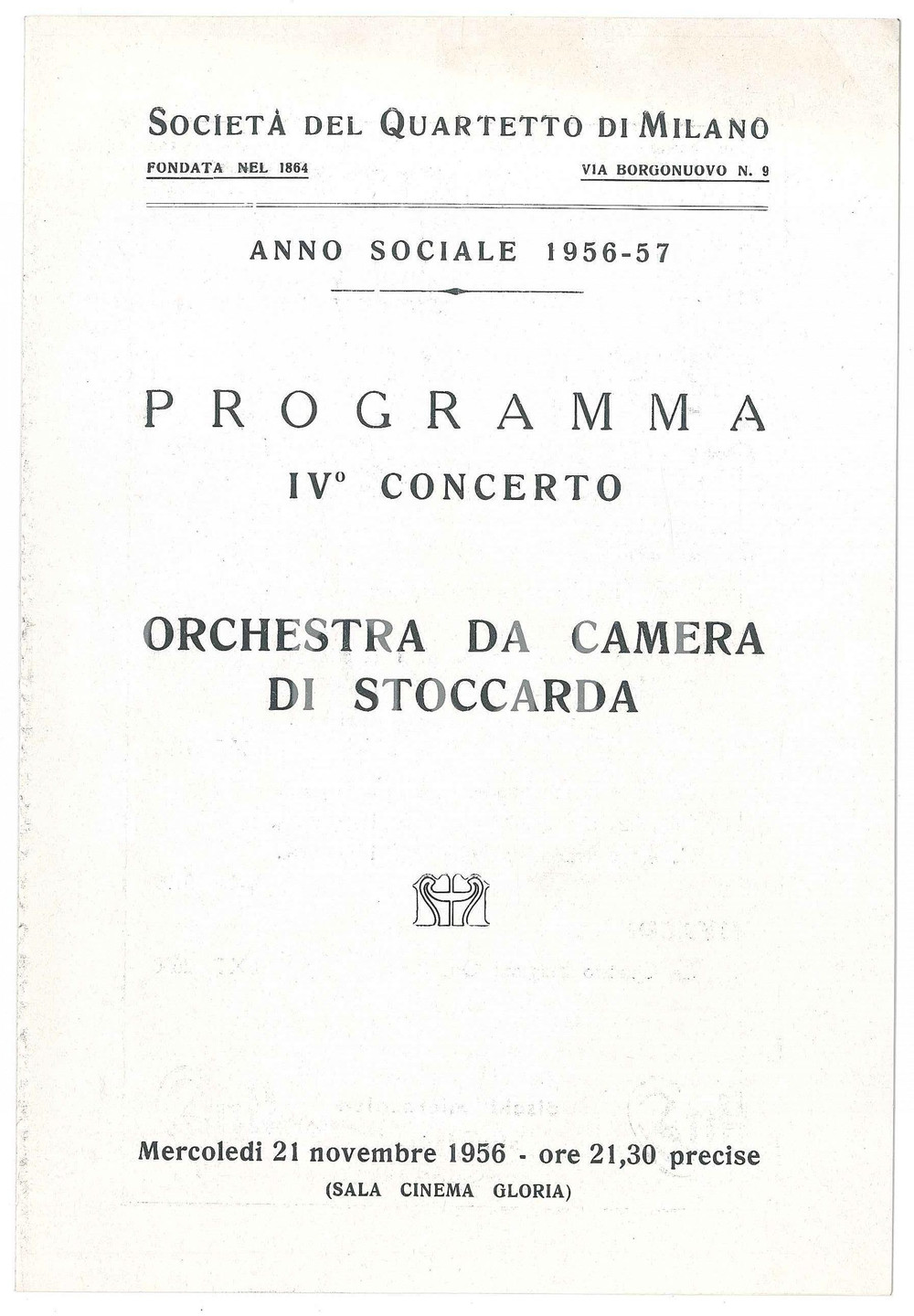 Materiale pubblicitario d’epoca 1956 MILANO SocietÃ  del Quartetto  Orchestra da Camera di STOCCARDA Programma 1