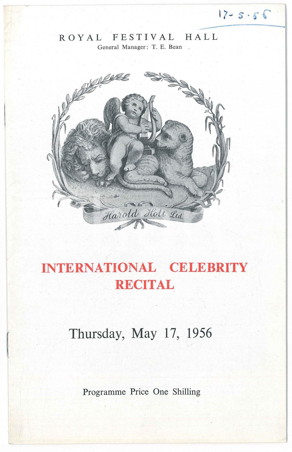 Materiale pubblicitario d’epoca 1956 LONDON Royal Festival Hall  International Celebrity Recital Programme 1