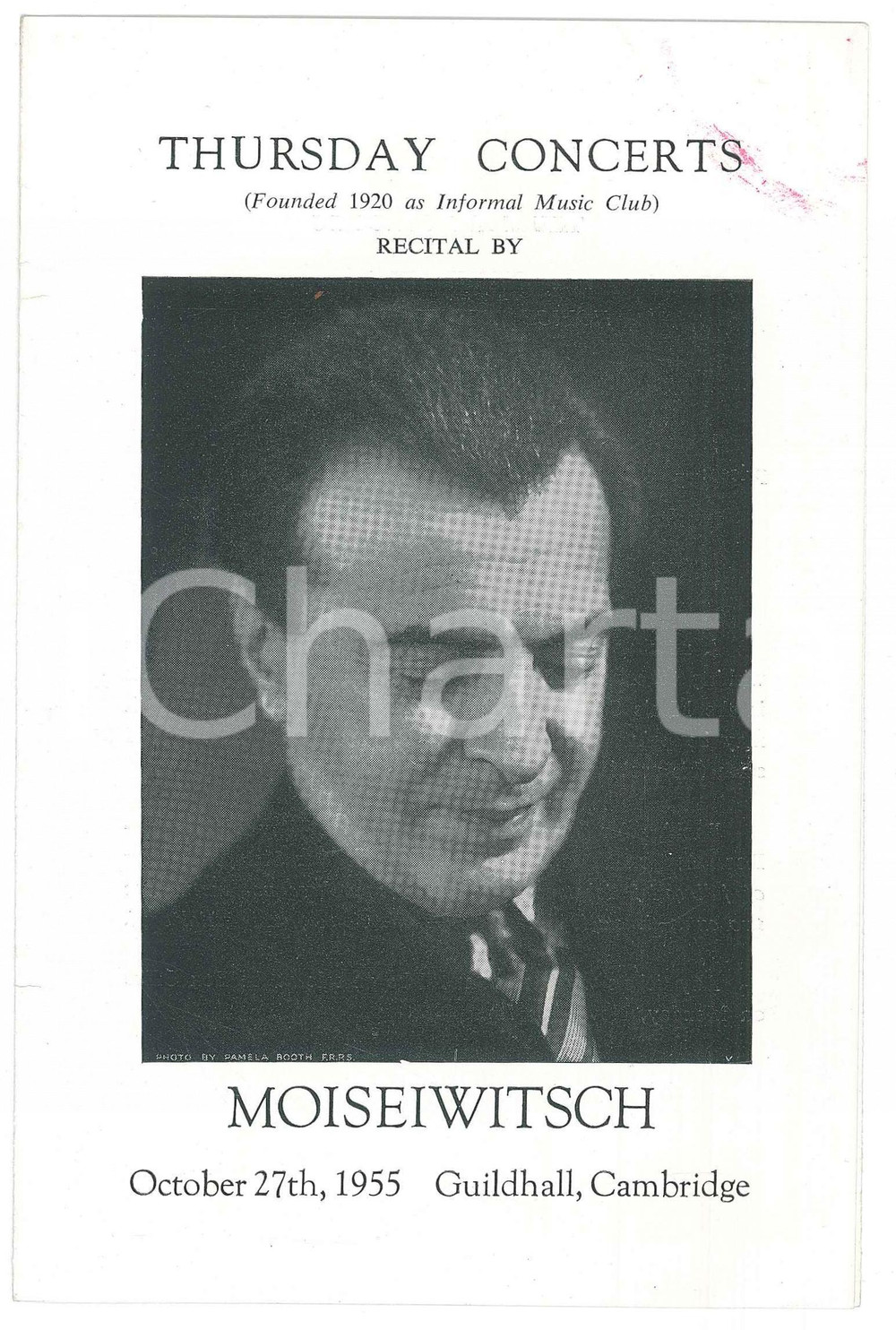 Materiale pubblicitario d’epoca 1955 CAMBRIDGE  Guildhall   Recital by Benno MOISEIWITSCH Programme 1