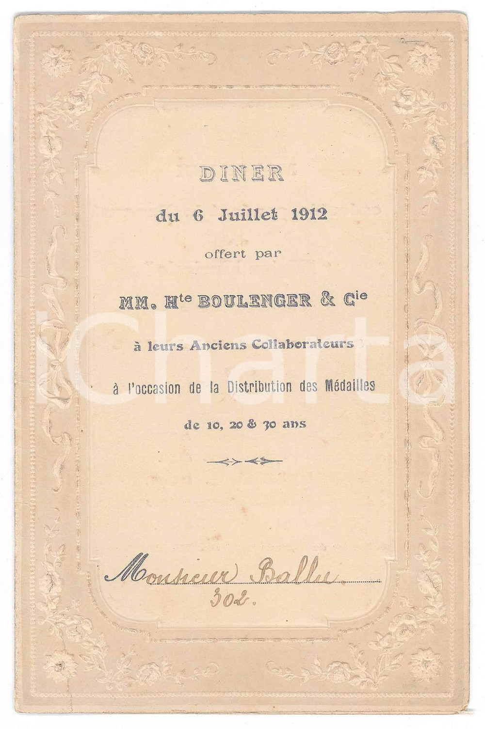 Oggetto da collezione cartaceo 1912 CHOISYLEROI F Menu diner H. BOULENGER & Cie distribution mÃ©dailles 1
