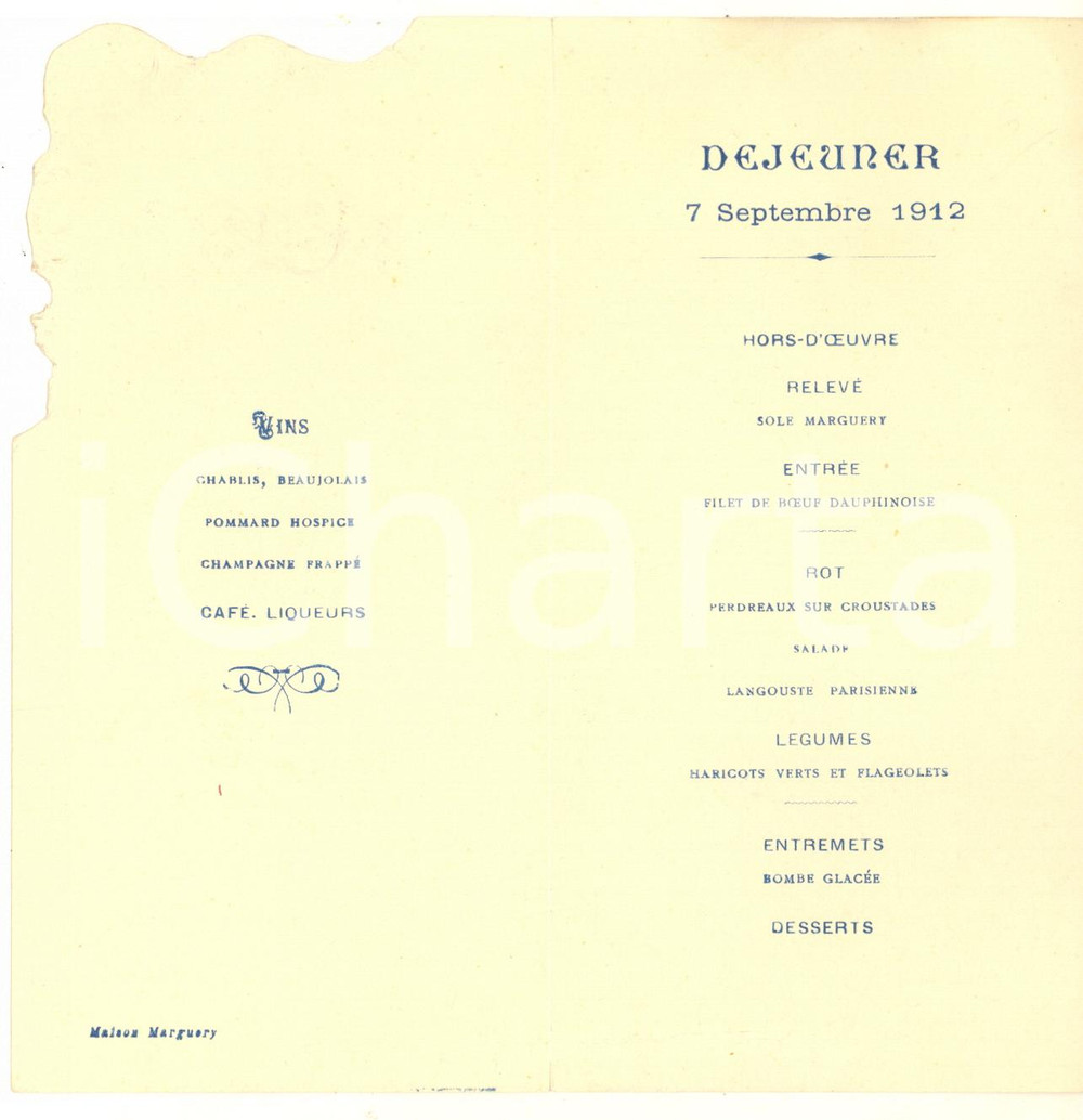 Oggetto da collezione cartaceo 1912 FRANCE  MAISON MARGUERY  EMBOSSED vintage menu 1