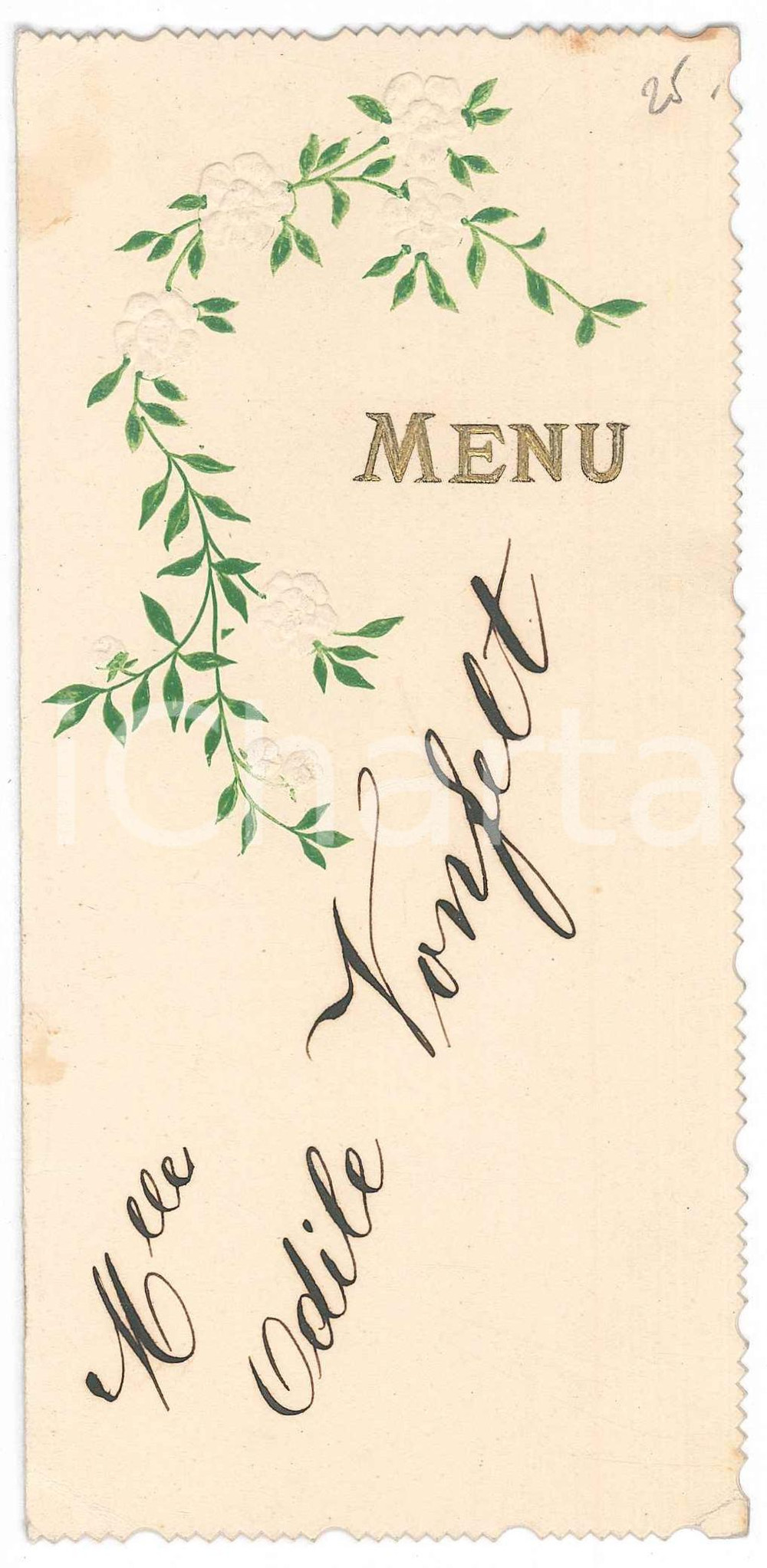 Oggetto da collezione cartaceo 20 Novembre 1907 FRANCE  Menu M.lle Odile VONFELT EMBOSSED 1