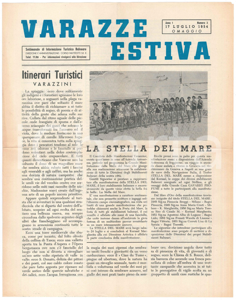 Giornale, rivista storica 1954 TURISMO  VARAZZE ESTIVA Manifestazione STELLA DEL MARE Giornale 1