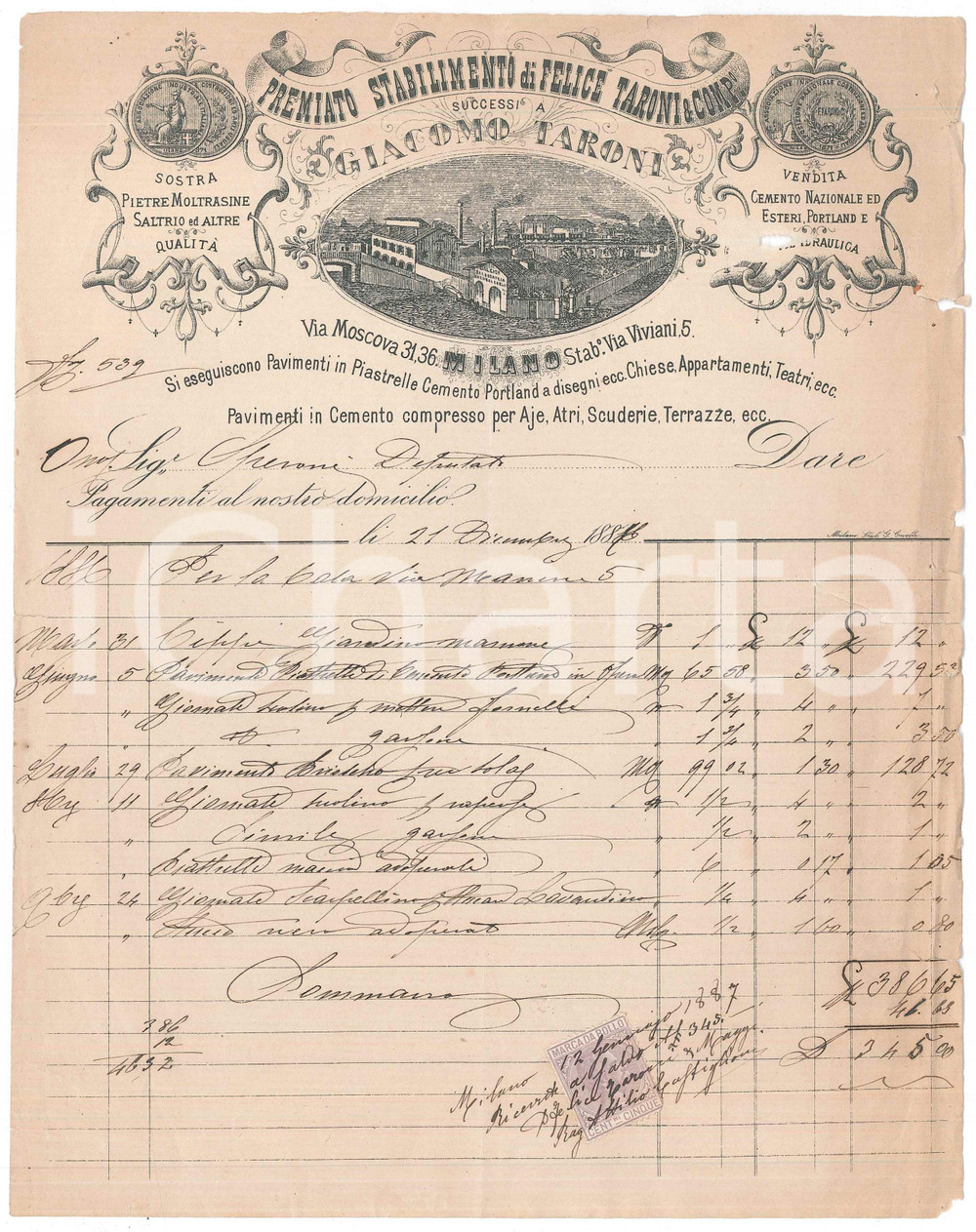 Documento originale, autentico 1887 MILANO via Moscova  Felice TARONI pavimenti in cemento  Fattura intestata 1