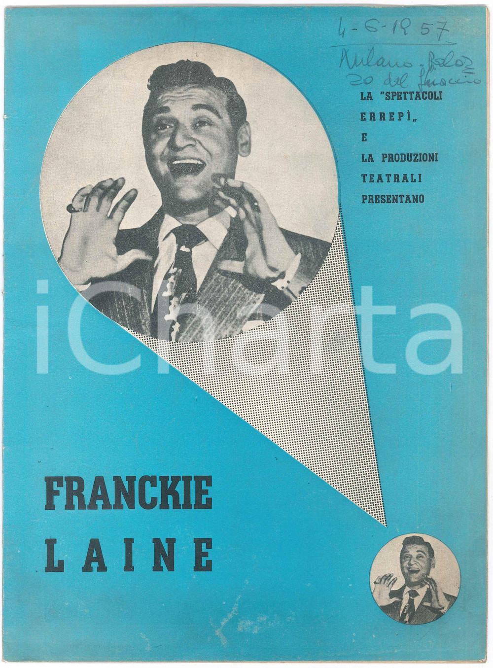 Materiale pubblicitario d’epoca 1957 TEATRO Spettacoli ERREPI  Franckie LAINE Renato CAROSONE  Pieghevole 1