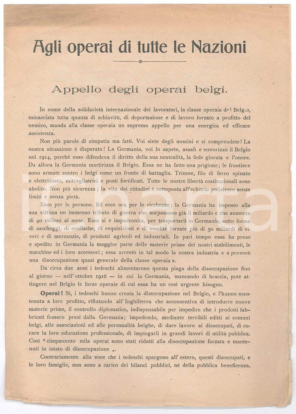 Materiale pubblicitario d’epoca 1916 WW1 Appello operai belgi agli operai di tutte le Nazioni PROPAGANDA 1
