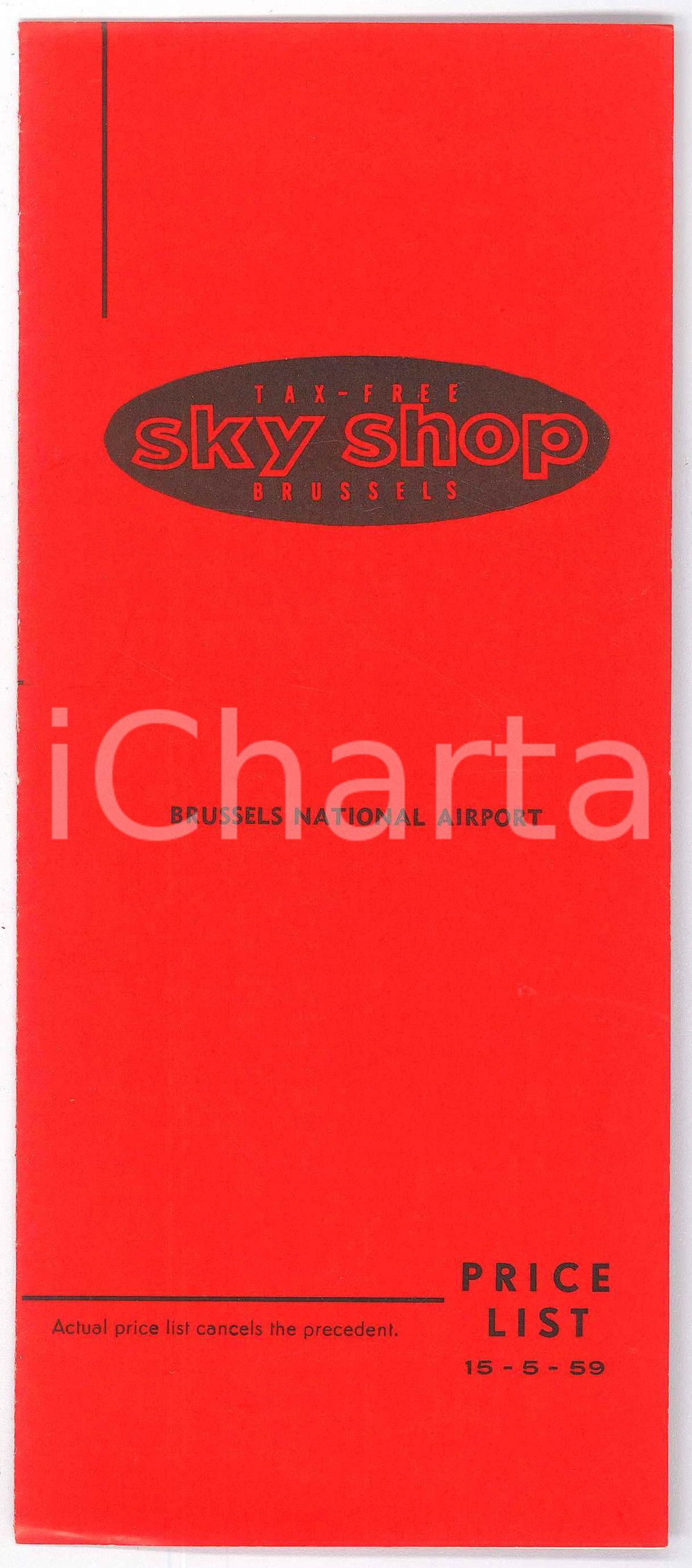 Materiale pubblicitario d’epoca 1959 BELGIUM  BRUSSELS NATIONAL AIRPORT  Taxfree SKY SHOP Price list 1