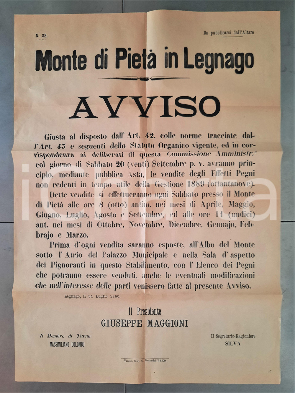 Documento originale, autentico 1890 LEGNAGO VR Monte di PietÃ   Vendita pegni non redenti  Manifesto 50x70 1