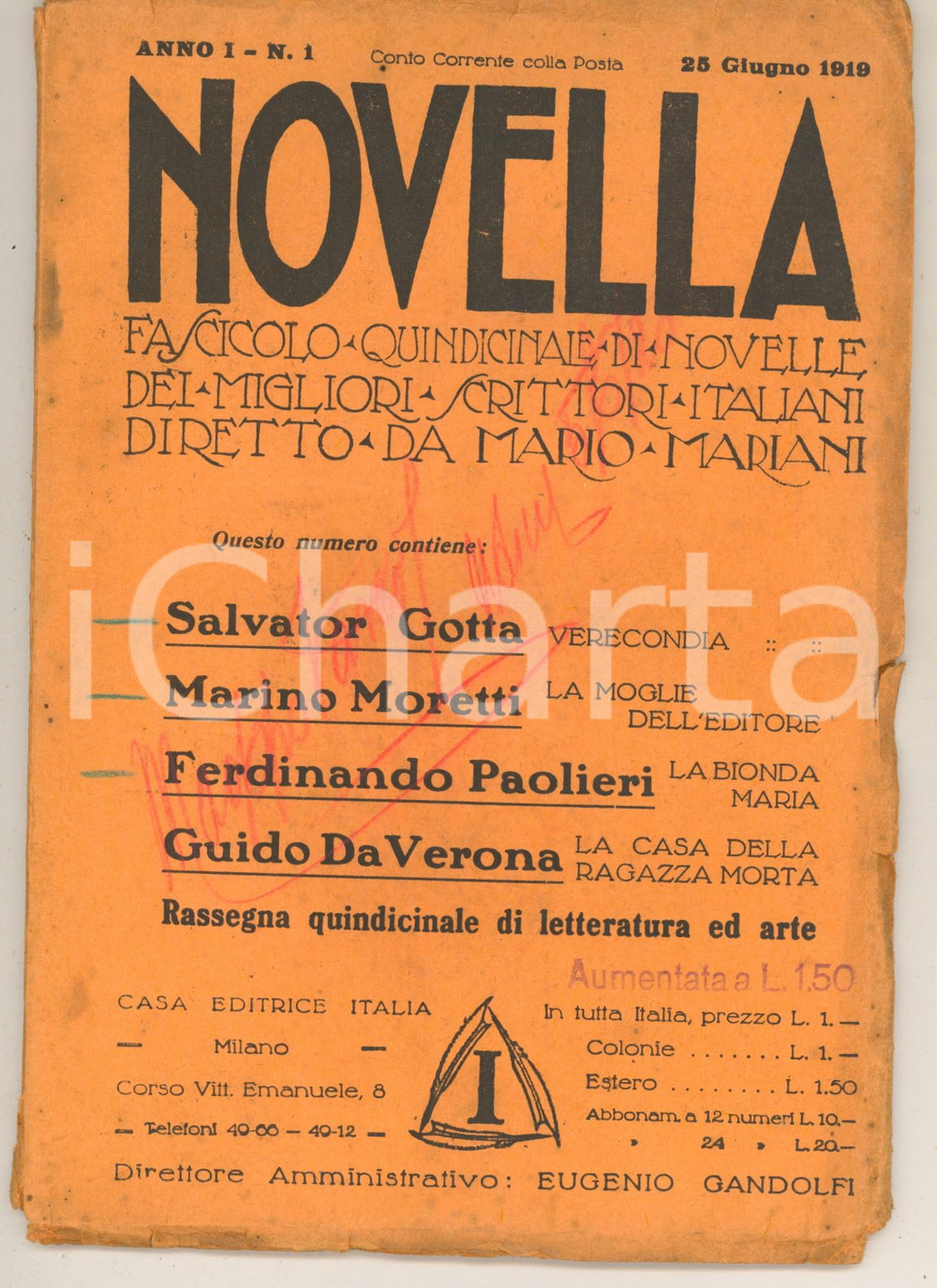 Giornale, rivista storica 1919 NOVELLA Salvator GOTTA Verecondia  Marino MORETTI Anno I nÂ° 1 1