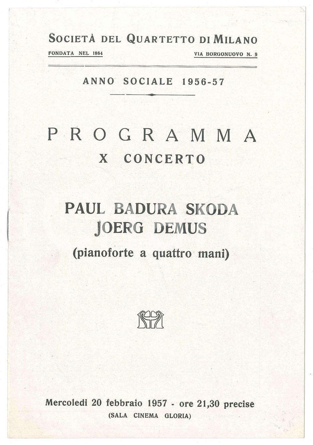 Materiale pubblicitario d’epoca 1957 MILANO SocietÃ  del Quartetto  Concerto Paul BADURA SKODA  Joerg DEMUS 1