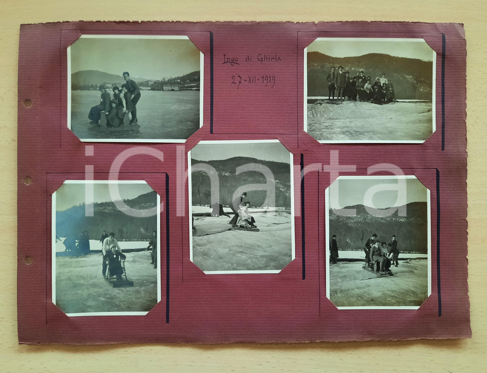 Fotografia d epoca originale 1919 LAGO DI GHIRLA  VALGANNA Gruppo in slittino sul lago ghiacciato 5 foto 1